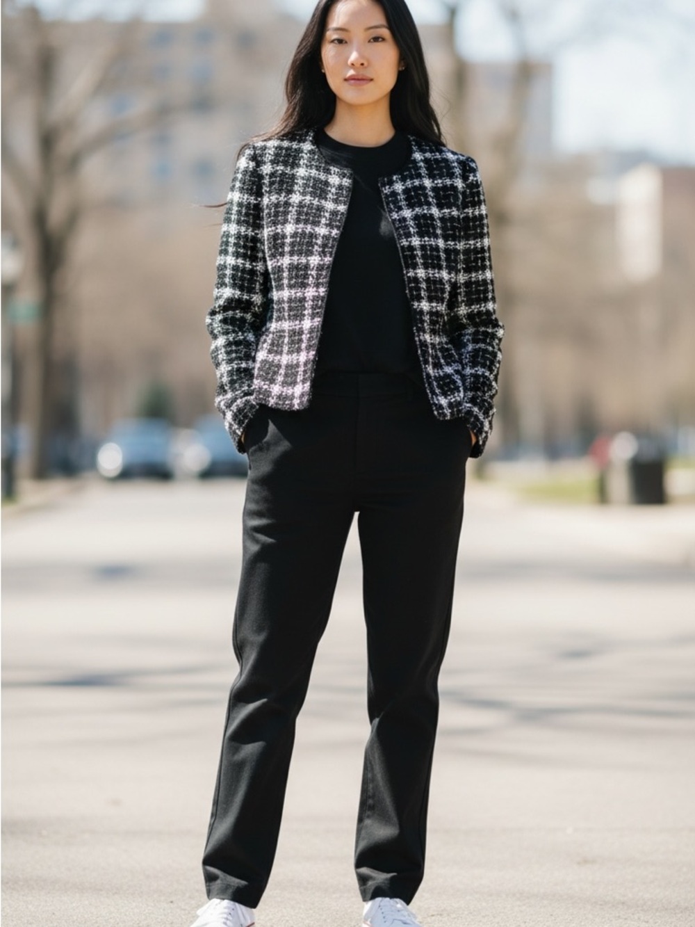 Jones New York Signature Black & White Tweed Petite Jacket